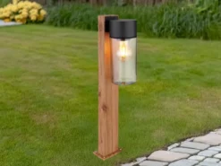 Wegeleuchte ETSI aus Edelstahl in Holzoptik mit rauchfarbigem Glas, Höhe 50cm