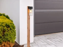 Wegeleuchte ETSI aus Edelstahl in Holzoptik mit rauchfarbigem Glas, Höhe 100cm