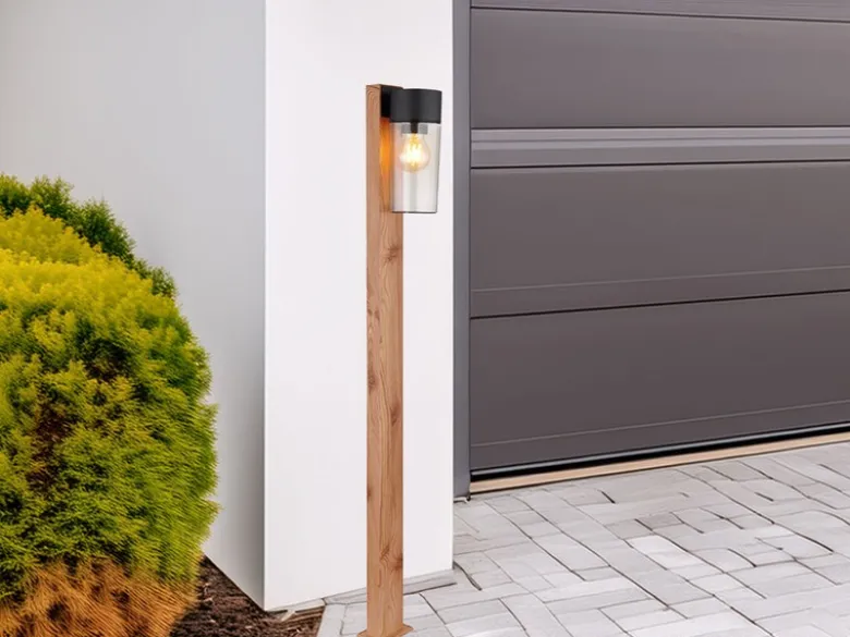 Wegeleuchte ETSI aus Edelstahl in Holzoptik mit rauchfarbigem Glas, Höhe 100cm