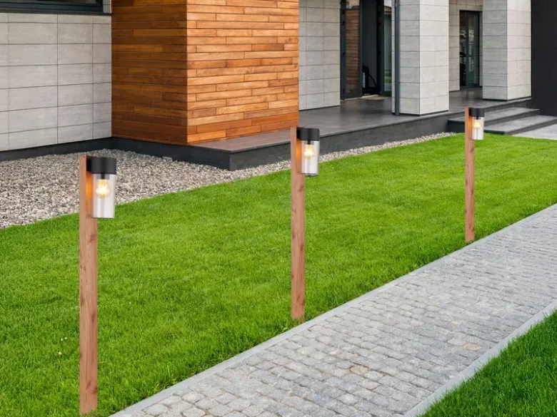 Wegeleuchte ETSI aus Edelstahl in Holzoptik mit rauchfarbigem Glas, Höhe 100cm