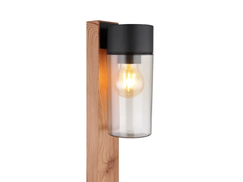 Wegeleuchte ETSI aus Edelstahl in Holzoptik mit rauchfarbigem Glas, Höhe 100cm