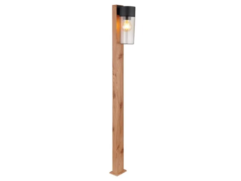 Wegeleuchte ETSI aus Edelstahl in Holzoptik mit rauchfarbigem Glas, Höhe 100cm