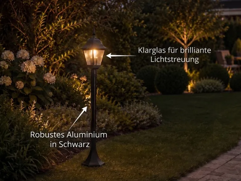 Wegeleuchte LIVENZA nostalgische Laterne, Aluminium Schwarz, Höhe 100cm