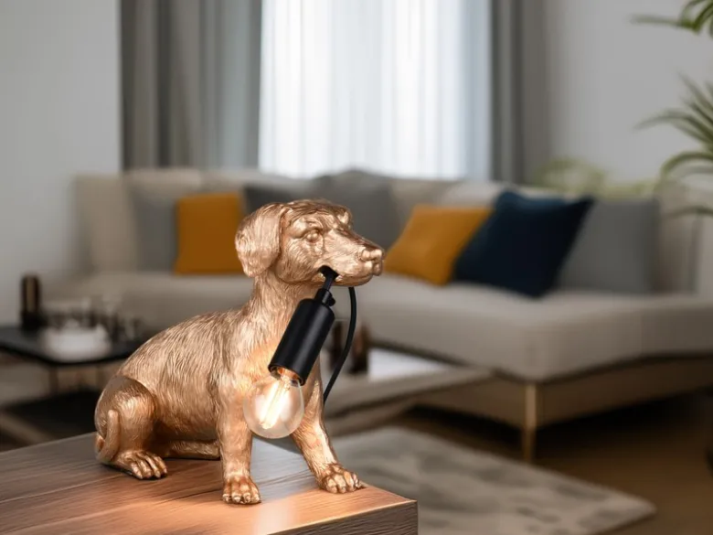 Witzige Tischleuchte RUDI besondere Hundelampe Gold, Höhe 23,5cm