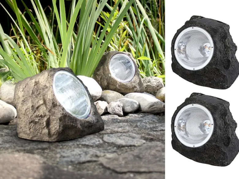 2x LED Gartendeko Solarleuchten in Steinoptik aus grauem Kunststoff