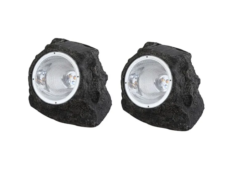2x LED Gartendeko Solarleuchten in Steinoptik aus grauem Kunststoff