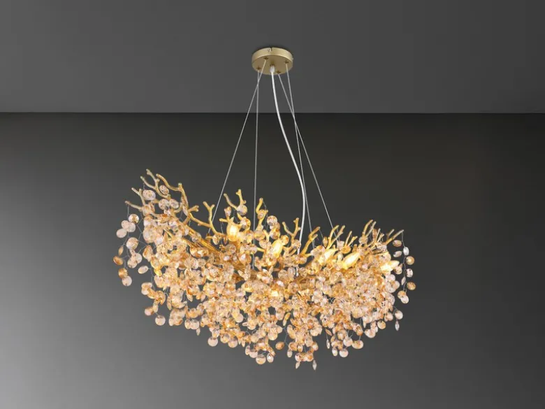 XL LED Kronleuchter Gold 10-flammig mit Glas Kristall 2-farbig, Breite 110cm