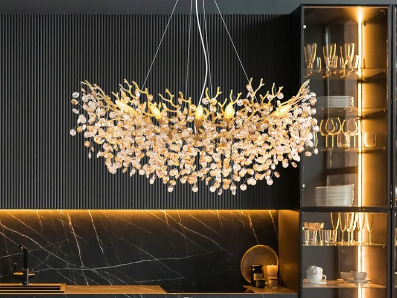 XL LED Kronleuchter Gold 10-flammig mit Glas Kristall 2-farbig, Breite 110cm