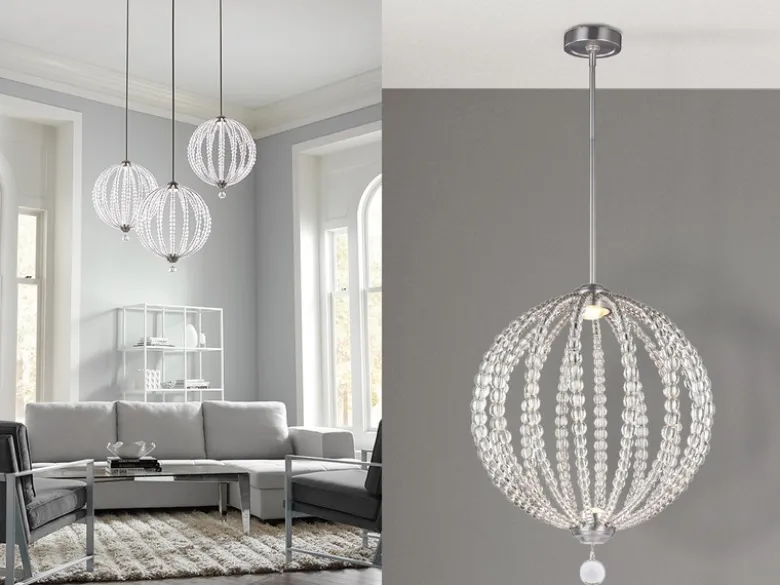 XXL LED Designer Pendelleuchte OBERLIN Kugel mit Perlen aus Kristallglas, Ø 81cm
