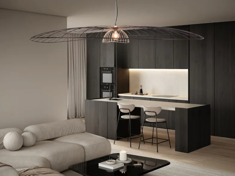 XXL Pendelleuchte LAURIS mit Gitter Lampenschirm Schwarz Gold, Ø 200cm