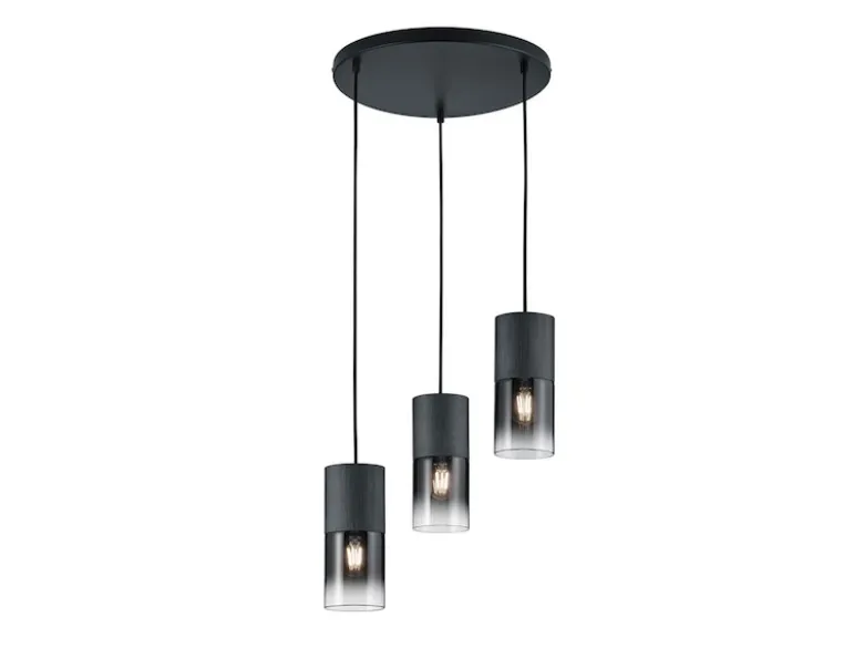 Zeitlose LED Pendelleuchte aus schwarz mattem Metall & Rauchglas, Ø 37cm