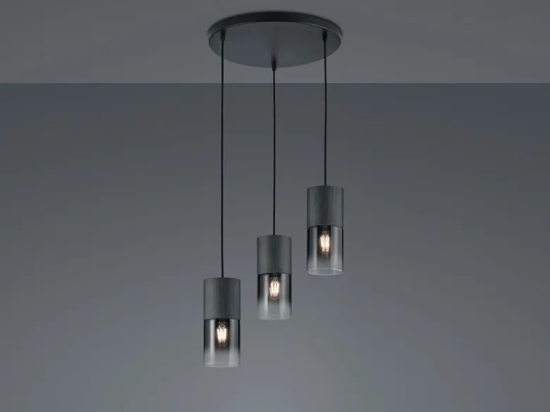 Zeitlose LED Pendelleuchte aus schwarz mattem Metall & Rauchglas, Ø 37cm